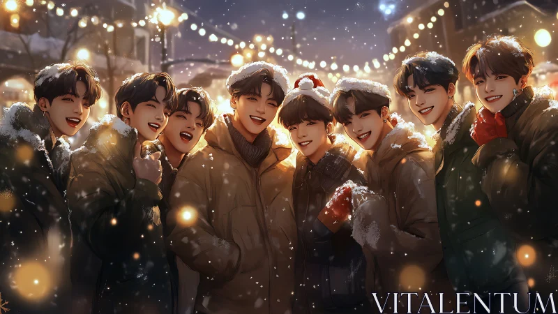 Smiling friends celebrate a glowing winter night together outdoors