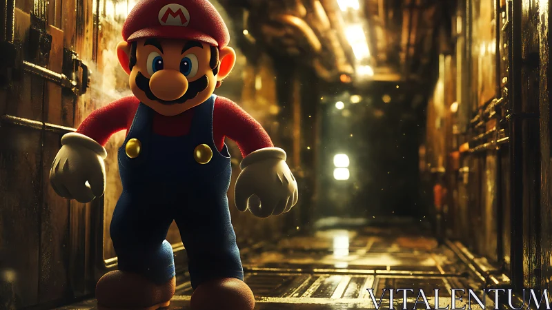 Mario-inspired hero in moody industrial corridor lighting.