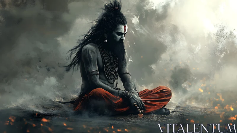 Seated ascetic with beads meditates amid smoke and embers