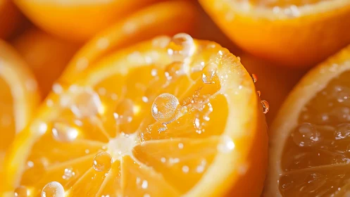 Juicy orange halves glisten under bright, refreshing light.