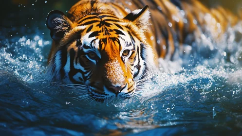 Majestic tiger glides through shimmering blue river water