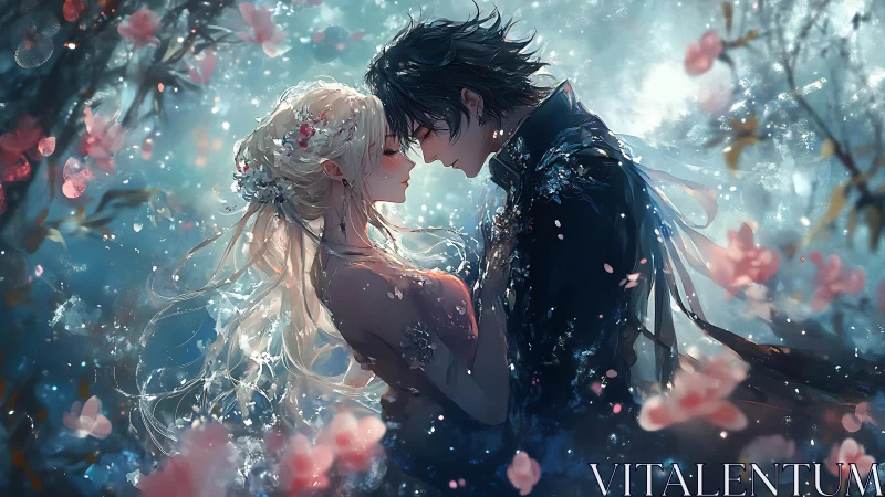 Romantic anime couple amid glowing blossoms at dusk.