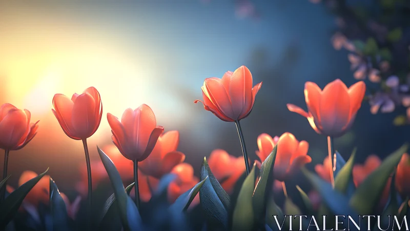 Red Tulips Backlit by Golden Sunrise.