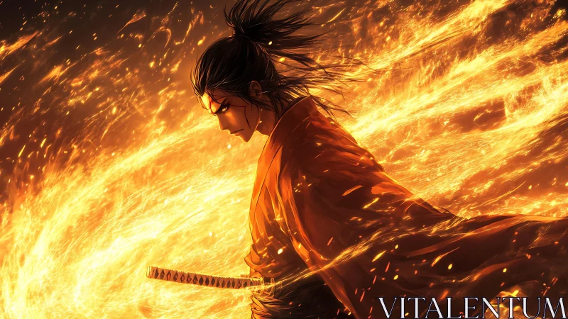 Samurai in dynamic side profile channels arc-shaped fire vortex