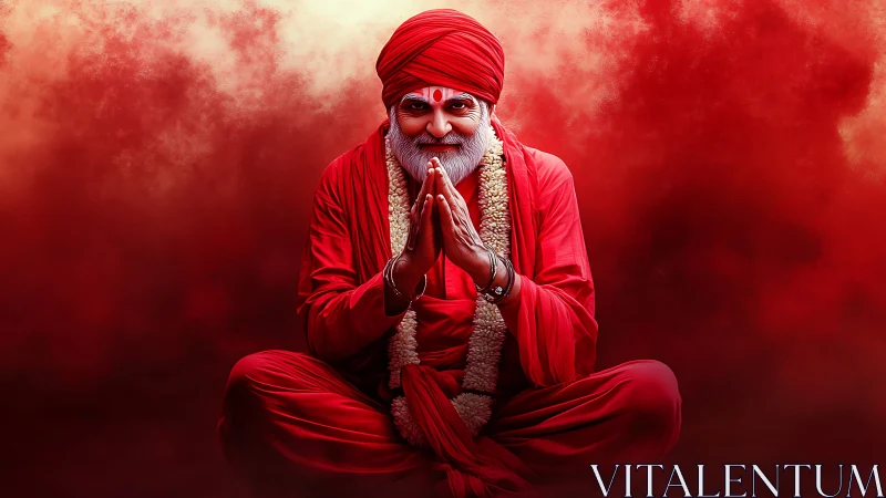 Elderly holy man in red robes seated against red mist.