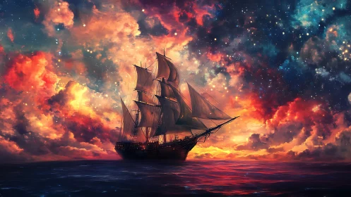 Starlit galleon sails through cosmic sunset seas in wonder