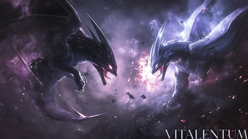 Two elemental dragons locked in a violent cosmic battle.