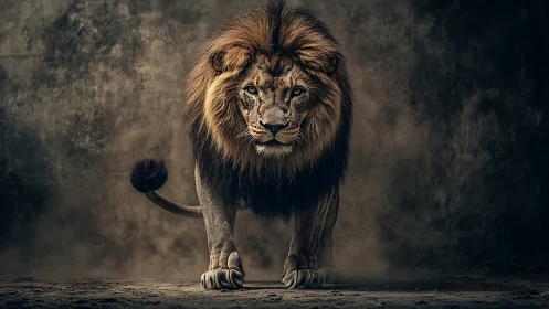 Powerful male lion standing in dramatic dark setting.