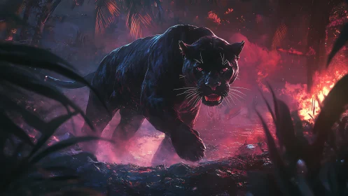 Black Panther Stalking Through Neon Jungle Inferno