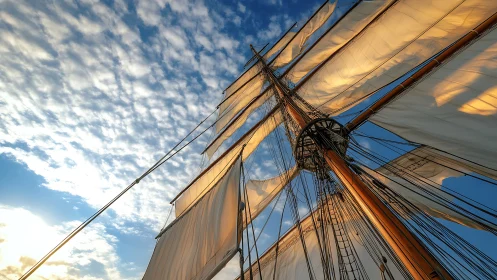 Sunlit canvas climbs the mast and stitches skyward wind