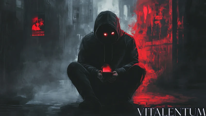 Hooded cyber figure with red neon eyes in dark alleyway.