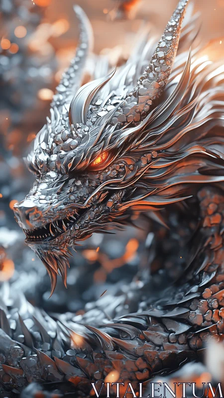 Molten-eyed chrome dragon coiled in stormlit embers.