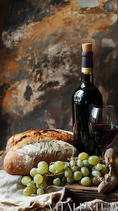 Wine, Bread, and Grapes in Rustic Still Life Composition