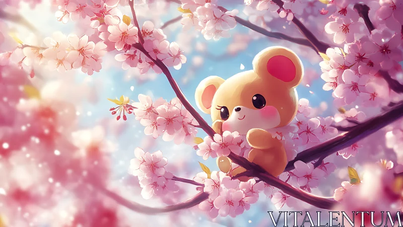 Cartoon bear positioned among pink cherry blossoms on branch.