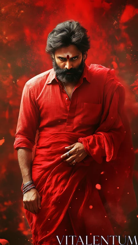 Smoldering gaze in a river of red cloth and swirling fire.