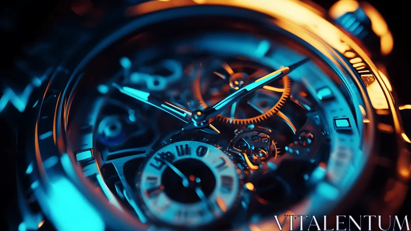 Macro view of illuminated skeleton watch mechanism.