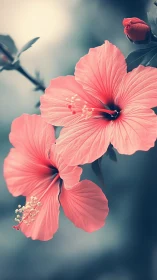 Pink hibiscus flowers with delicate petals in soft blue atmosphere.
