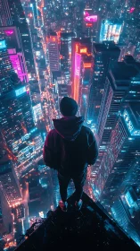 Solitary figure overlooking neon-soaked cyberpunk skyline.