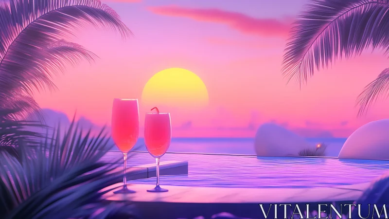 Sunset poolside sips in dreamy tropical neon glow.