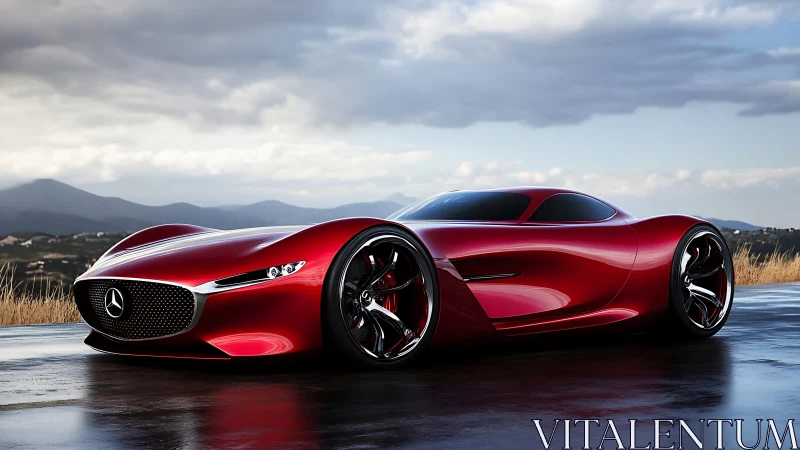 Sleek red concept car glowing on a freshly rained road.