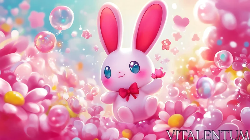 Pastel bunny amid dreamy blossoms and floating bubbles.