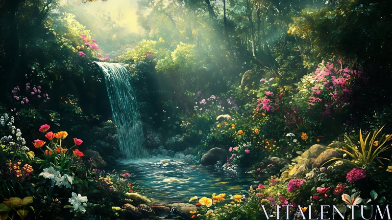 Sunlit waterfall garden where quiet color gently shimmers.