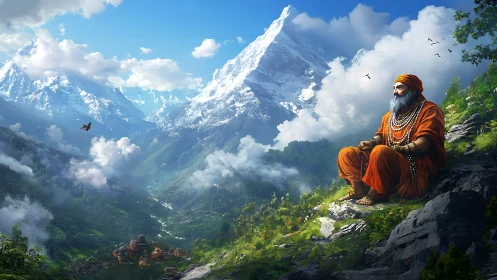 Mountain sage in orange robes overlooks deep alpine valley