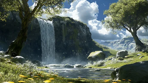 Sunlit digital waterfall valley with trees and bright clouds.