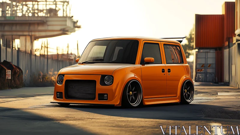 Orange boxy tuner car sits low in an industrial yard