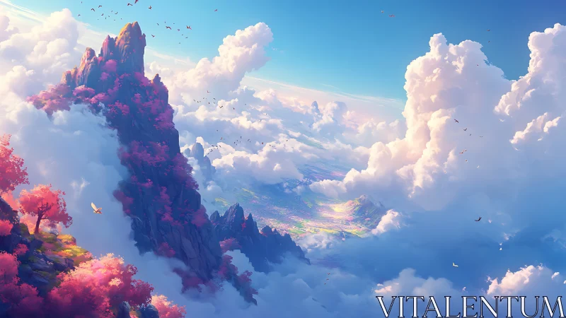 Celestial mountain ridge framed by luminous blossom clouds.