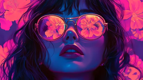 Neon bloom reflections in dreamy rose-gold sunglasses.