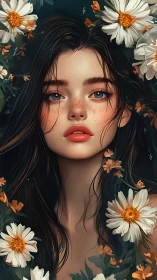 Freckled floral portrait with soft-lit digital realism focus.