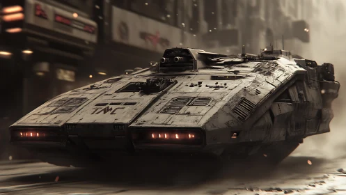 Urban gunship skims dystopian street in cinematic dust storm.