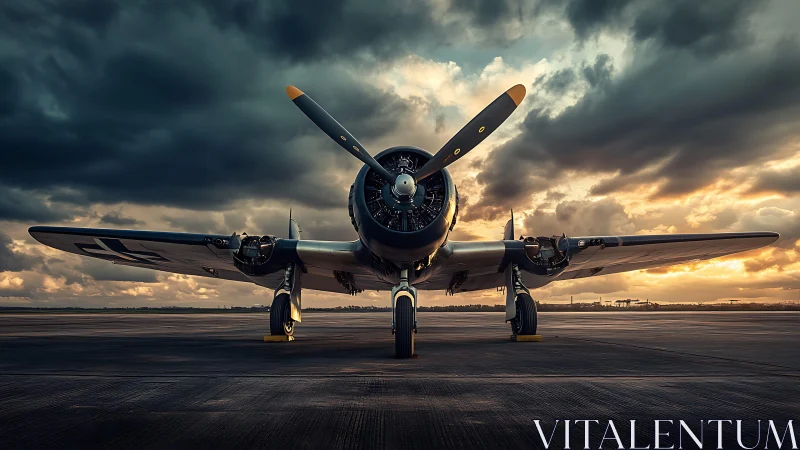 Vintage warbird dominates storm-lit runway horizon.