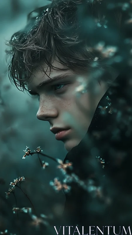 Melancholic youth portrait in misty teal forest light.