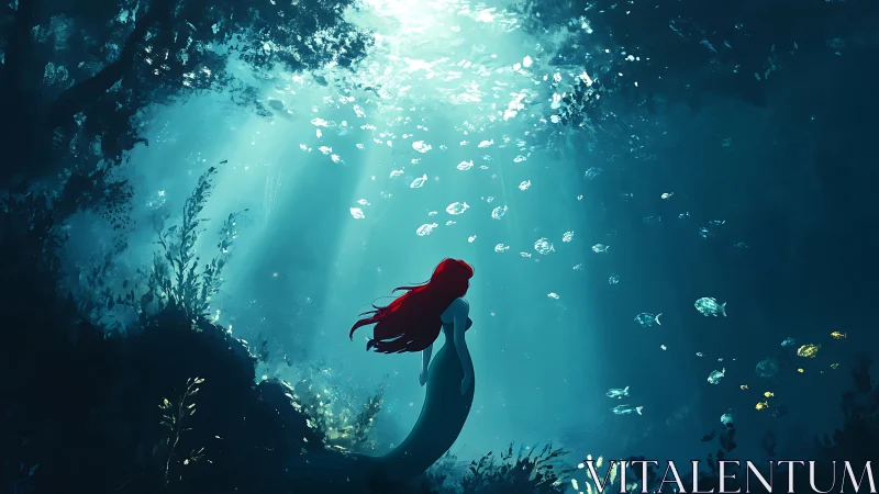Solitary mermaid observing sunlit underwater scene.
