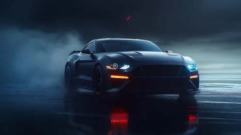 Midnight muscle car waiting on a misty, glassy street.