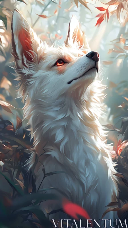 Luminous forest fox gazes into drifting autumn light.