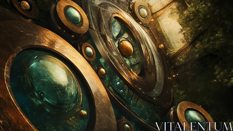 Futuristic circular portals embedded in organic structure.