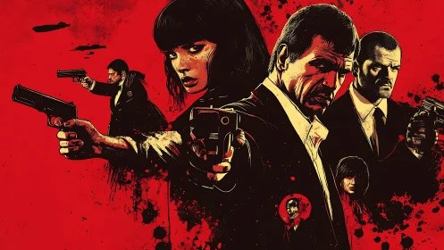 Stylized gunfighters in bold red and black noir tableau.