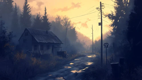 Rural roadside cabin at dusk with wet asphalt and power lines.