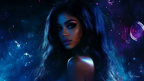 Neon-lit woman emerges through cosmic blue and violet haze.