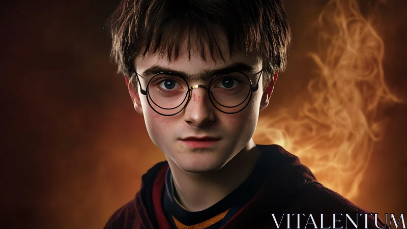 Young wizard with round glasses in glowing ember light.