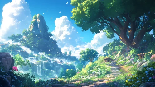 Lush mountain valley with waterfalls and stone path under tree