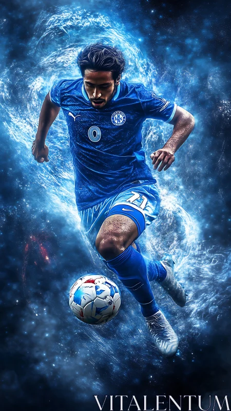 Cosmic soccer forward charging through swirling energy field.