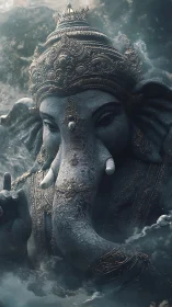 Elephant-headed deity statue rendered in dense atmospheric mist