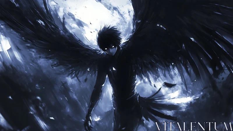 Dark winged humanoid figure in abstract monochrome space.