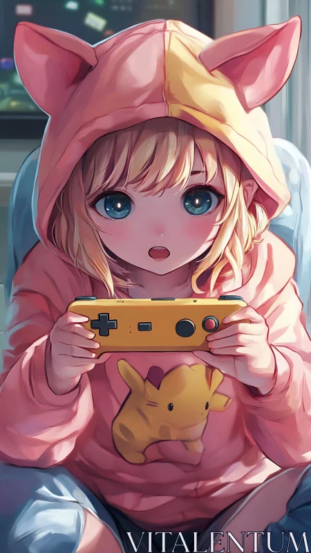 Young gamer in pink hoodie holding portable console indoors.