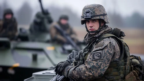 Calm soldier in rain-soaked gear ready beside armored vehicle.
