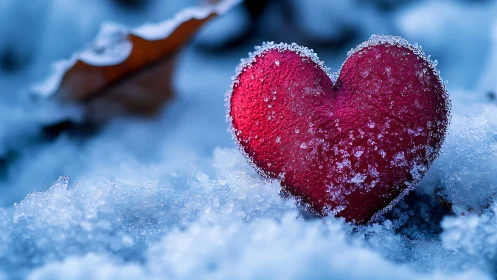 Red heart-shaped object on snow surface.